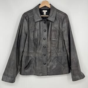 Chico's Button Jacket Women 2 / L /12 Pewter Gray Vegan Faux Leather Lightweight